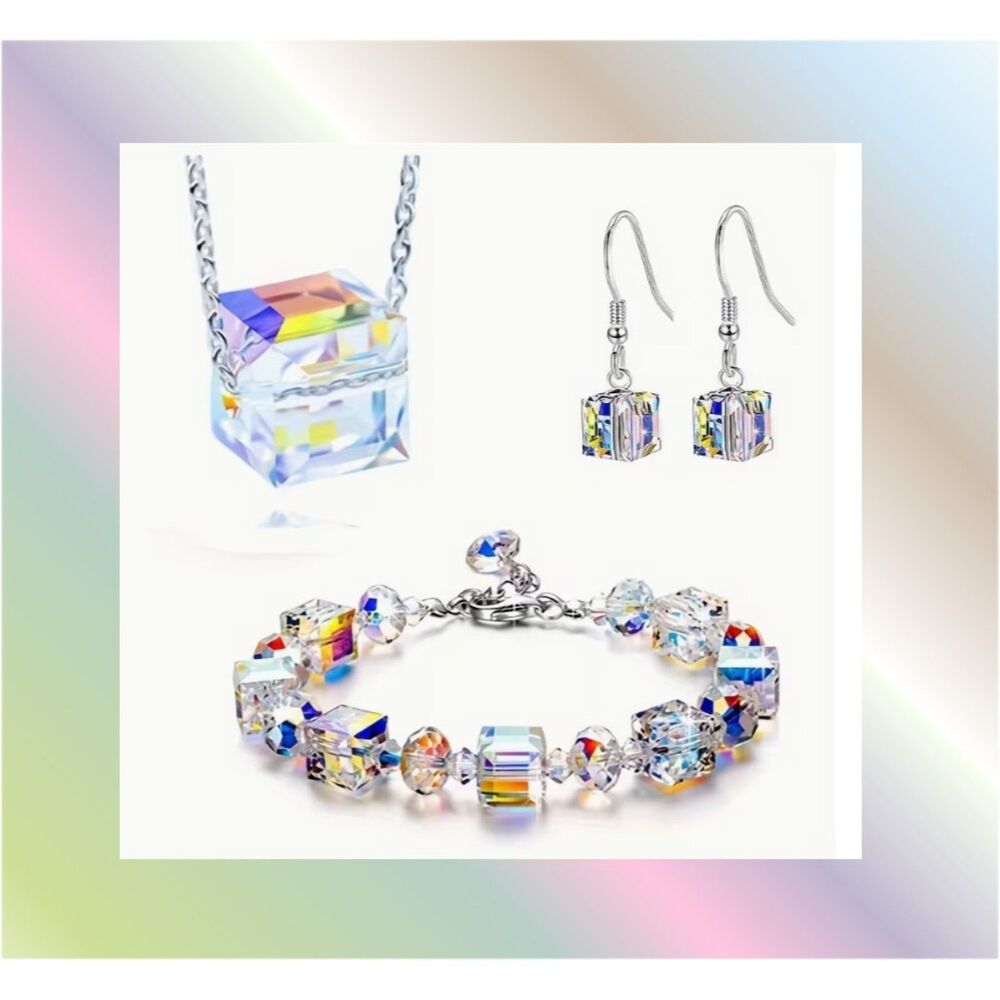 Clear Aurora Cube Necklace, Earrings & Bracelet Jewelry Set